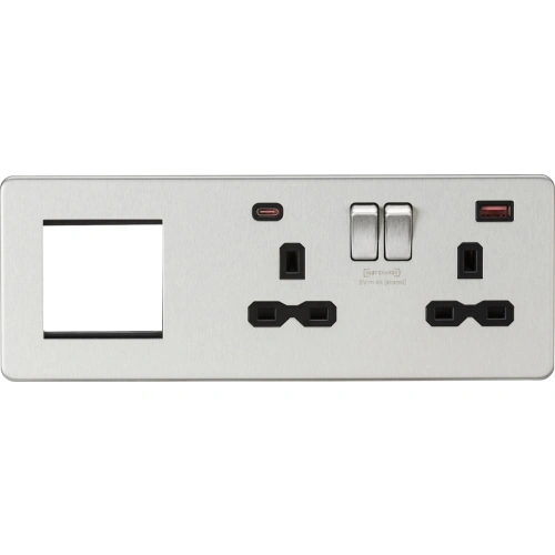 13A 2G DP Socket +2G Modular + Dual USB A+C 12V DC 1.5A (Max. 18W) - Brushed Chrome w/Black Insert